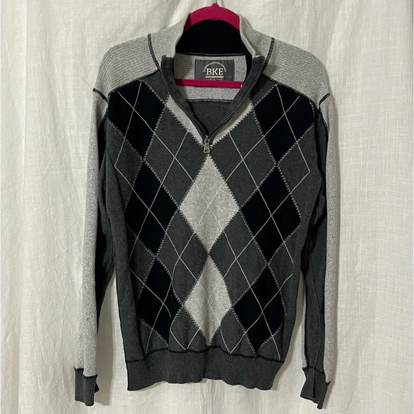BKE Standard Fit Men Large Blue Gray Blue 1/4 Zip Pullover Sweater Argyl… - Picture 1 of 5